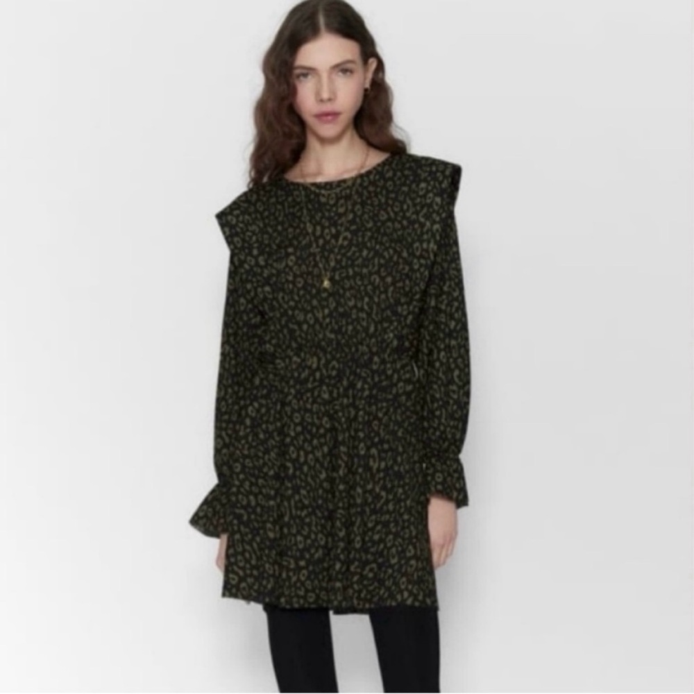 Zara animal print ruffle fit and flare dress with elastic waistband